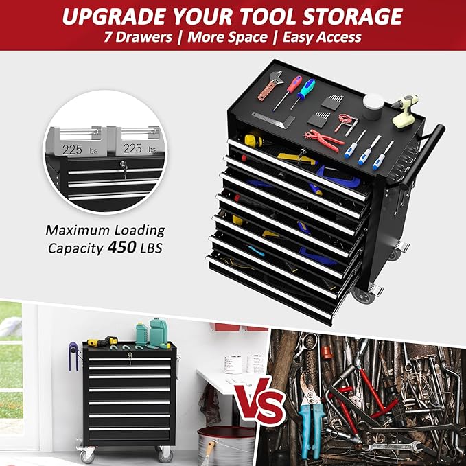 7 Drawers Rolling Tool Chest with Wheels, Rolling Tool Chest with Drawers, Portable Rolling Tool Boxes with Wheels, Tool Box Storage Cabinet with Locking System for Garage (Black, 7 Drawers)