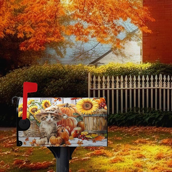 Fall Pumpkin Sunflower Mailbox Covers Magnetic 21x18 Inch Cute Cat Autumn Harvest Mailbox Cover Thanksgiving Post Letter Box Wraps Standard Size Garden Farm Outdoor Yard Decor