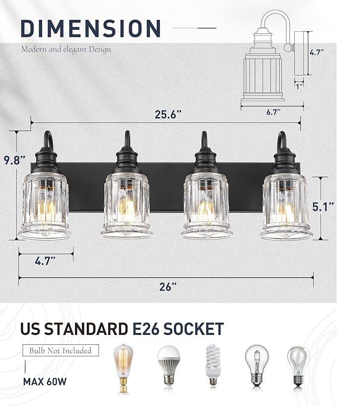 HWH 4-Light Bathroom Vanity Light, Wall Light Sconces for Bathroom, Dressing Table, Black Bathroom Mirror Wall Light with Bell-Shaped Clear Glass, Matte Black Finish, 5HZG106B-4W BK