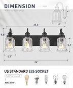HWH 4-Light Bathroom Vanity Light, Wall Light Sconces for Bathroom, Dressing Table, Black Bathroom Mirror Wall Light with Bell-Shaped Clear Glass, Matte Black Finish, 5HZG106B-4W BK