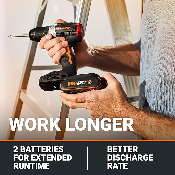 Worx Nitro 20V Cordless 1/2" Drill Driver With Brushless Motor - Compact & Lightweight Set Only 6" and 3 lbs. - Power Share Compatible WX130L - Batteries & Charger Included
