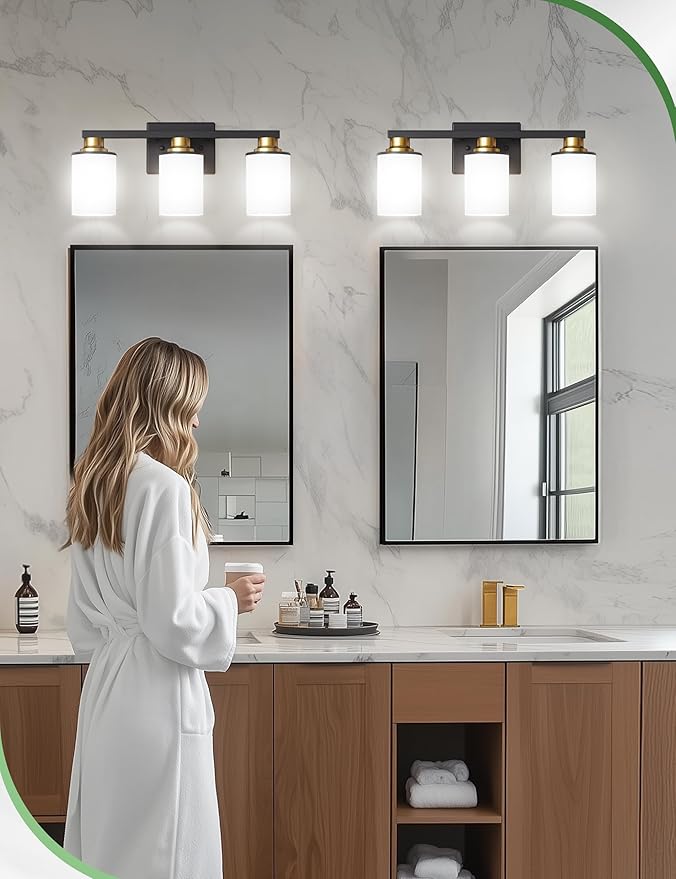 DORESshop Black and Gold Vanity Light, 3-Light Bathroom Light Fixture Over Mirror with Milk Glass Shade, Modern Vanity Lighting for Living Room Bedroom, ETL Listed