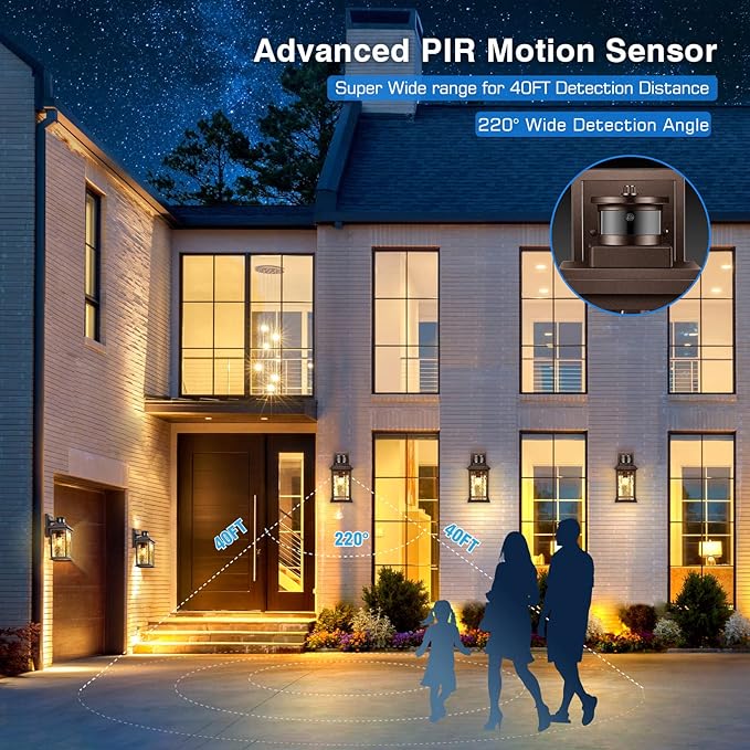 VIANIS Exterior Light Fixture with Motion Sensor, 2 Packs Oil Rubbed Bronze Dusk to Dawn Outdoor Porch Lights Wall Mount, Anti-Rust Aluminum Wall Lanterns with Tempered Glass for Garage Entrance