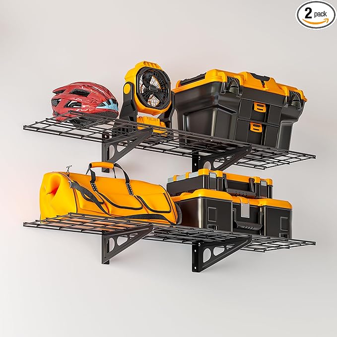 1x4 ft Garage Shelving, 2-Pack Wall-Mounted Shelves for Garage, Kitchen, Pantry Storage, 300 lbs Total Load Capacity Wall Shelving, Black