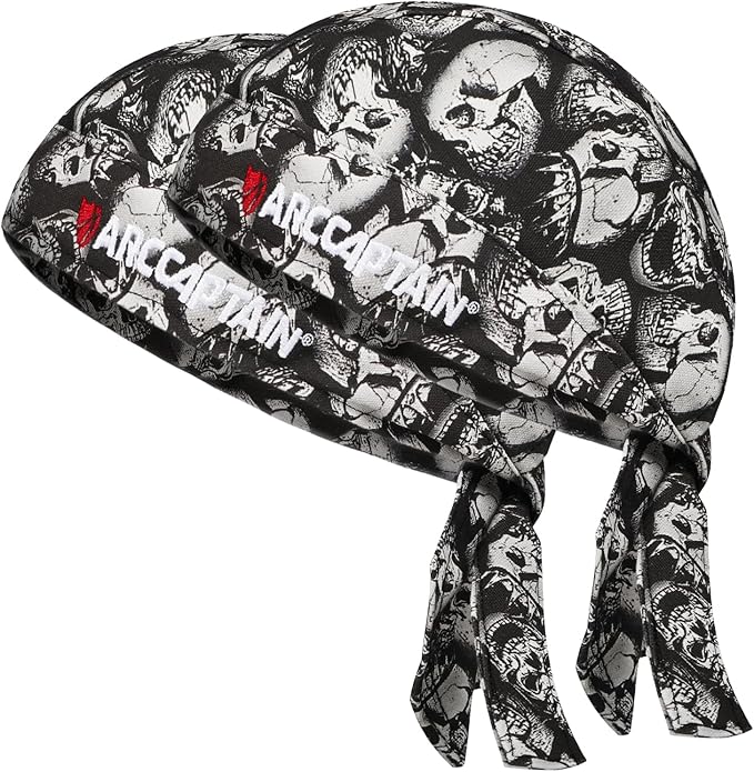 ARCCAPTAIN 2PC Welding Doo Rag, Welding Cap, Protective Welders Cap, Welding Hats for Men, Fireproof Cotton and Durable for Safety, Skull, M Size