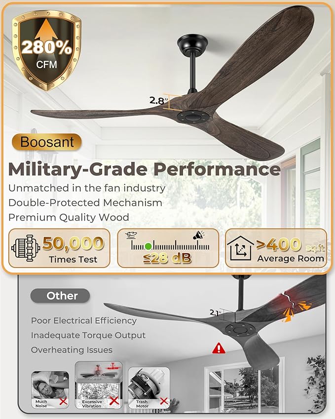 60" Ceiling Fans Without Light, Solid Wood Ceiling Fan No Light with Remote Control and DC Motor, Outdoor Ceiling Fan with 3 Blades, Outdoor fan for Patios - Deep Brown