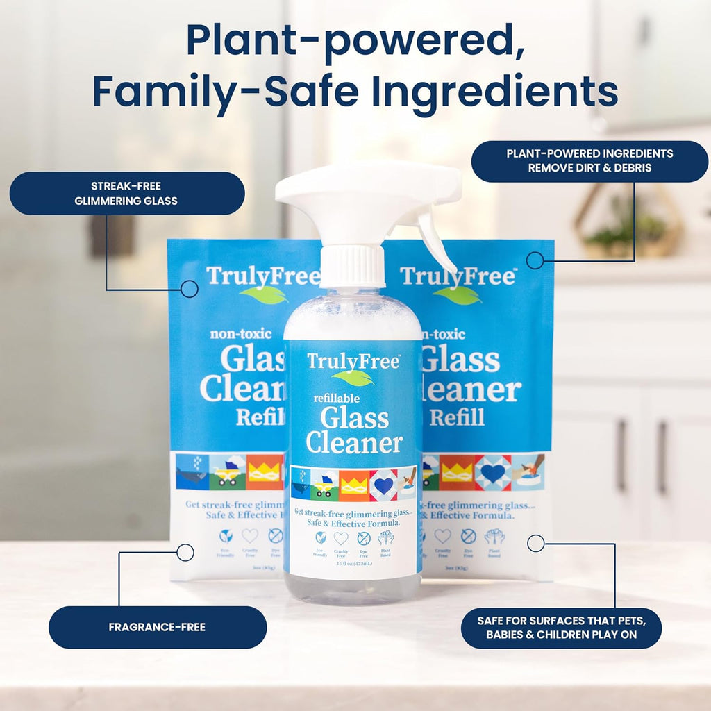 Truly Free Natural Glass Cleaner - Removes Dirt & Debris for Sparkling Clean Windows & Glass Surfaces at Home, Office & Garage, Includes: 1 Refillable Empty Bottle (16oz) & 2 Refills (3oz ea)