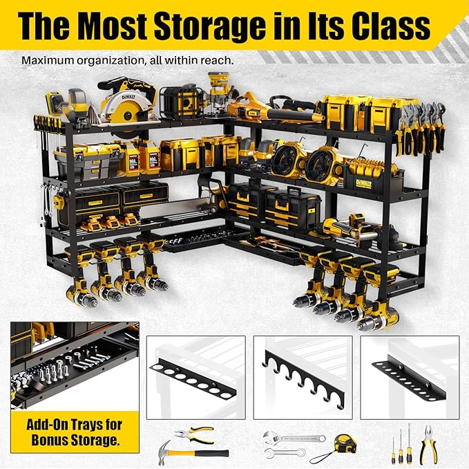 XLarge 64''W Power Tool Organizer Wall Mount | Modular&Corner-Fit 820lbs Garage Storage Rack with 8 Cordless Drill Holder | 4-Tier Heavy Duty Utility Shelf for Battery Workshop Organization
