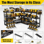 XLarge 64''W Power Tool Organizer Wall Mount | Modular&Corner-Fit 820lbs Garage Storage Rack with 8 Cordless Drill Holder | 4-Tier Heavy Duty Utility Shelf for Battery Workshop Organization