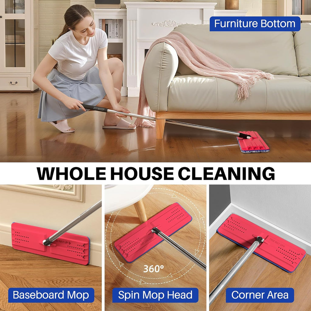 JOYMOOP Mop and Bucket with Wringer Set, Hands Free Flat Floor Mop and Bucket, with 4 Washable Microfiber Pads, Wet and Dry Use, Floor Cleaning System - Black+Red+Slate Blue