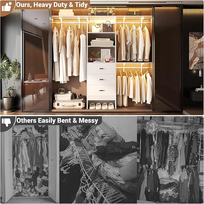 96 inch Closet System with 3 Wooden Drawers, Closet Organizer System with Storage Shelves Cutable, Wall-mounted Closet System with 3 Adjustable Hanging Rods for Walk-in Closet, White
