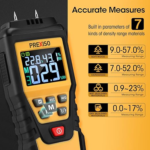 PREXISO Wood Moisture Meter - 7 in 1Digital Moisture Meter for Firewood, Woodworking, Walls, Home, Drywall, Paper, Floor - Moisture Reader, Pin-Type Water Leak Detector, Dampness Meter