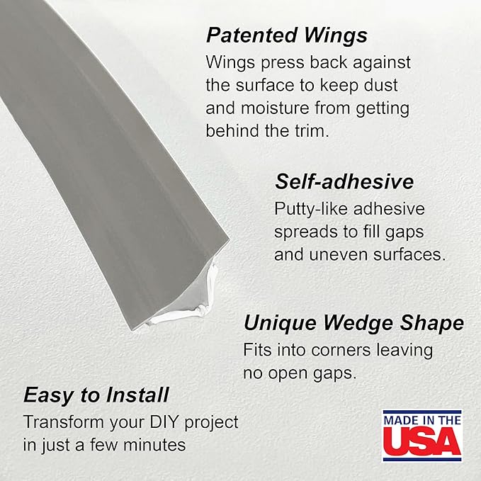 InstaTrim The Original Flexible Trim - 2-Pack of 10ft Grey 1/2" Wide Caulk Tape - Adhesive Trim with Many Uses Including Caulking for Bathtubs, Sinks, Counters, Tile, Floors - Made in USA