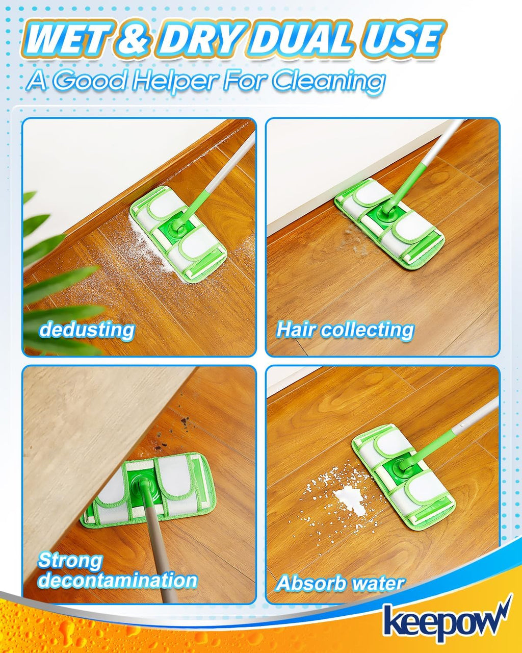 Keepow 6 Pack Microfiber Mop Pads Compatible with Swiffer Sweeper Mop and Sweep & Mop Deluxe Dry Pads Refills Reusable Wet Pads Mop Refill Pads Dry Wet Refills Washable Pads Wood Floor Cleaning Pads