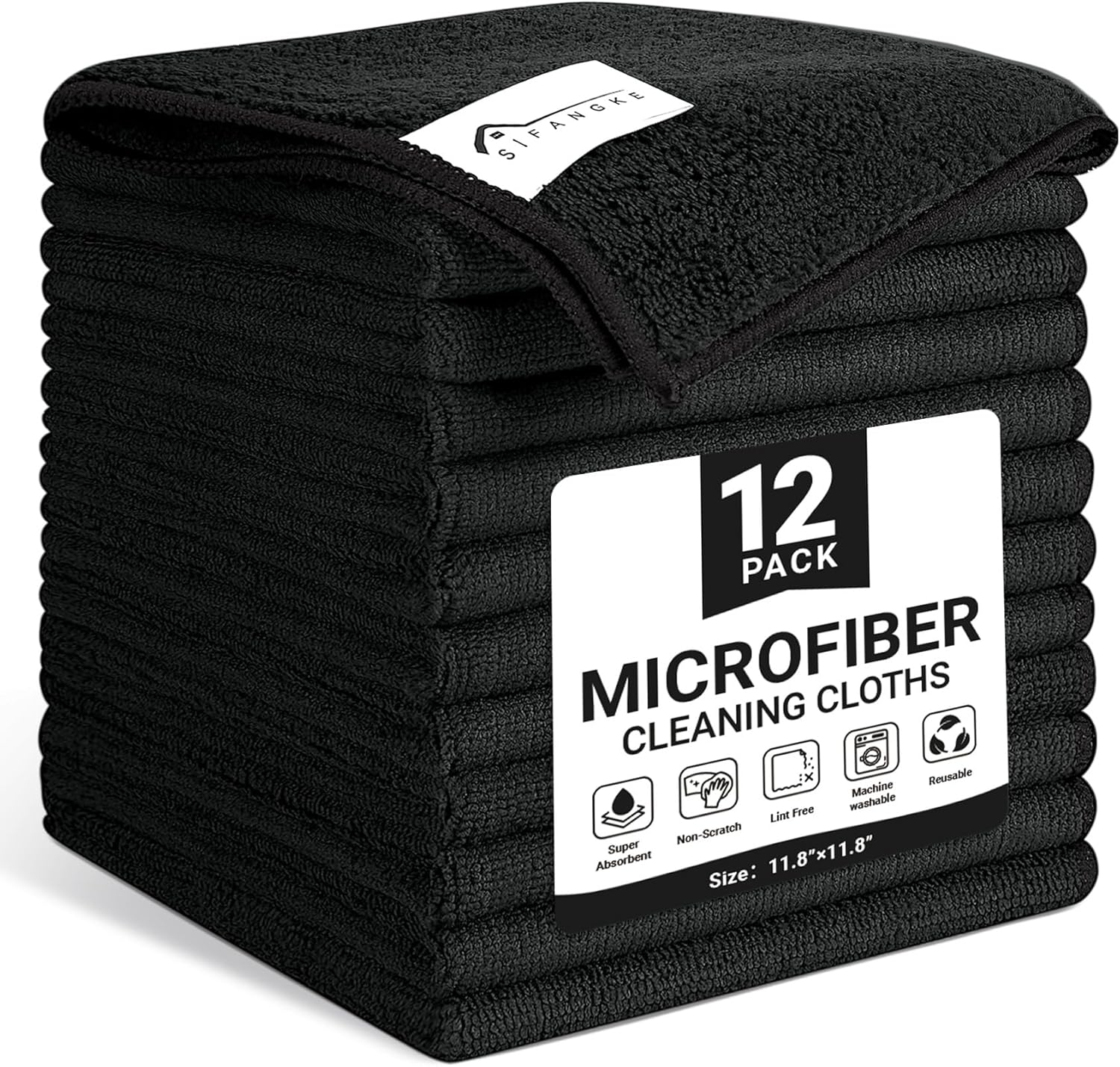 Microfiber Cleaning Cloth, 12 Pack Lint-Free and Highly Absorbent Rags, Black Reusable Microfiber Towels for Car, Kitchen, Bathroom and Household Cleaning Supplies, 11.8"X11.8"