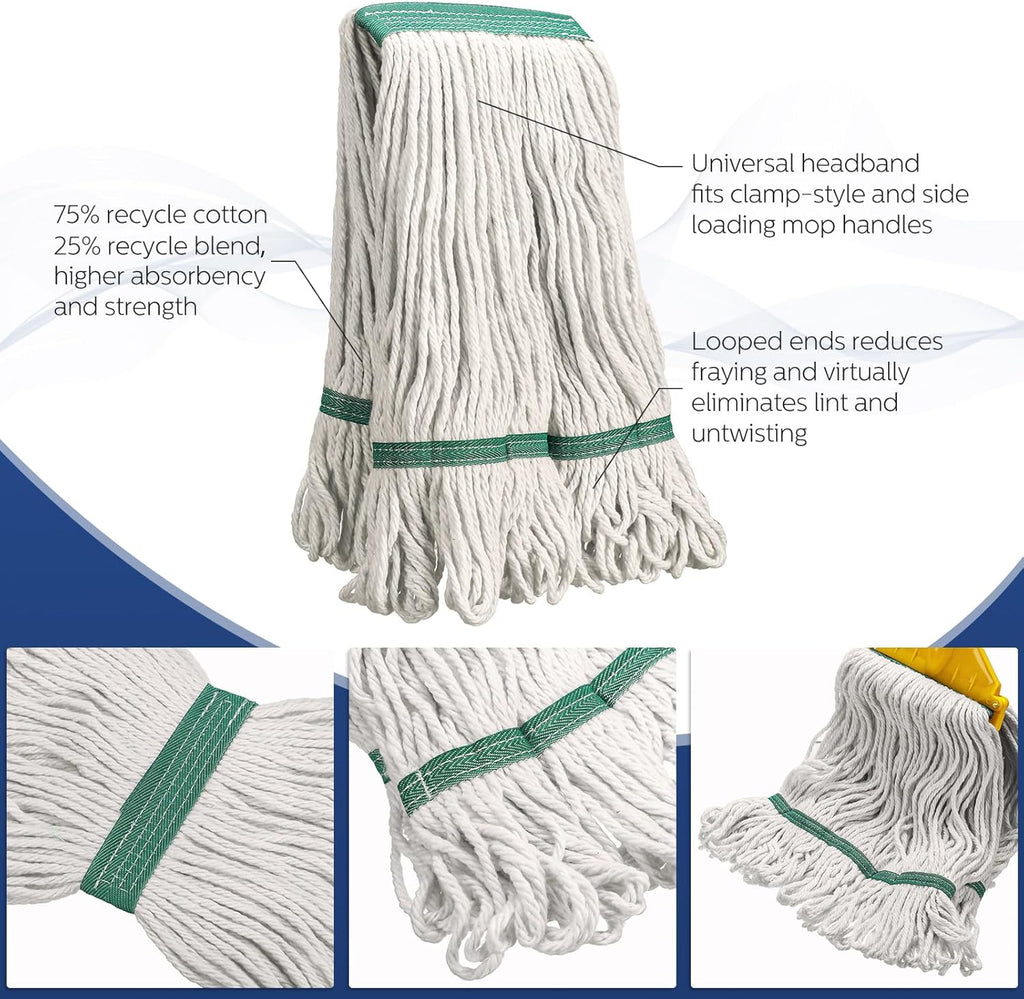 6 Pack Heavy Loop End Cotton String Mop Head Heavy Duty Mop Head Commercial Refills Mop Head Replacement for Home Industrial Commercial Floor Cleaning(White, Green)