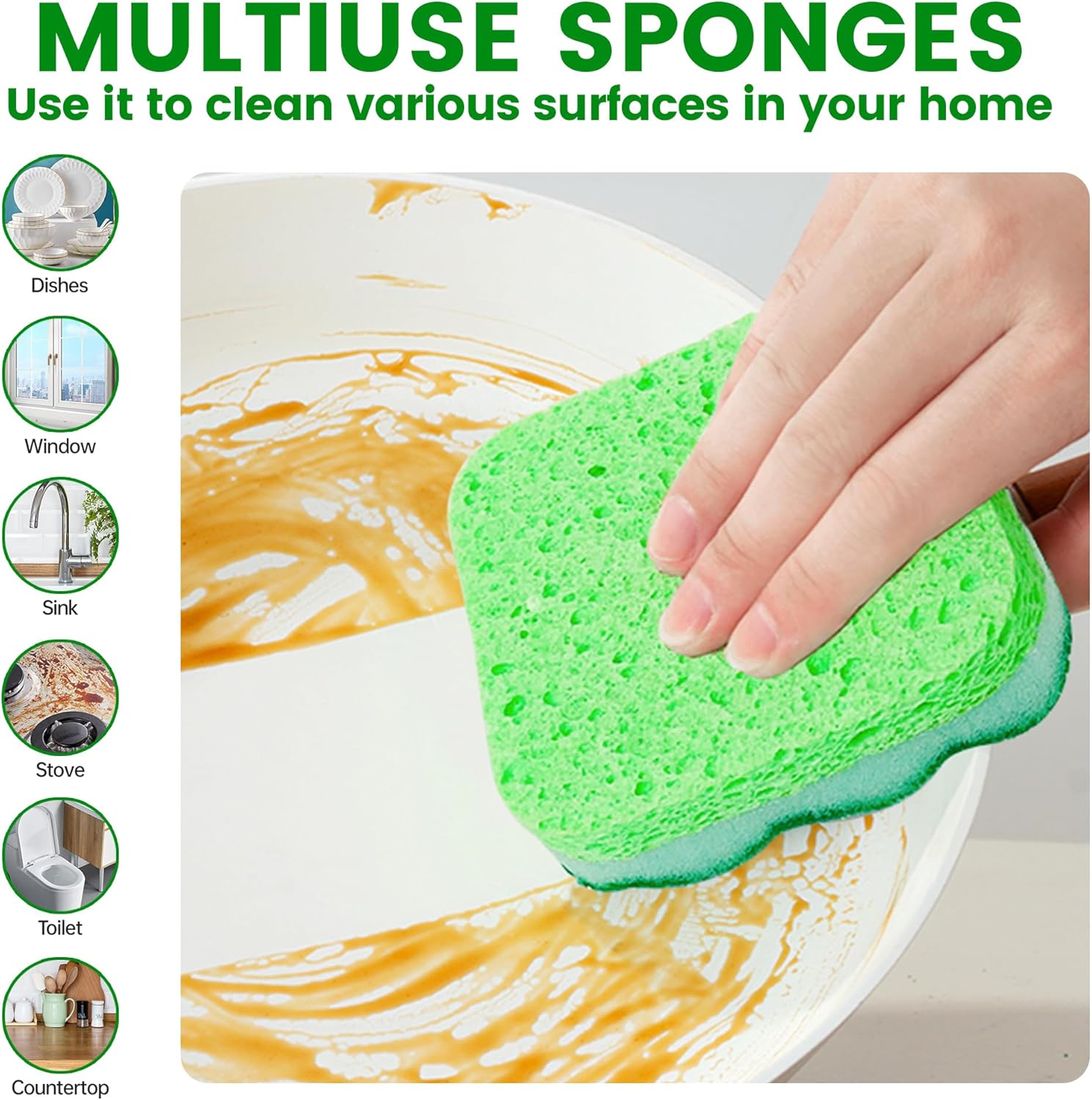 6-Pack Magic Cleaning Sponges with Suction Cups - Heavy Duty 3-Layer Dual-Sided Scrub Pads for Dishes, Stains & Kitchen Surfaces - Durable Non-Scratch Scouring Pads