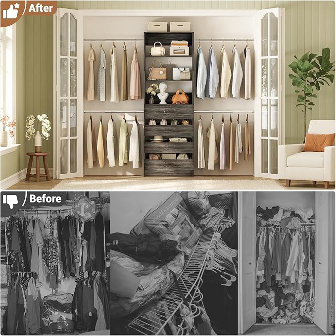 Aheaplus Closet System, 4-9Ft Organizer with 4 Wooden Drawers, Tower, Walk-in Wardrobe with 4 Hanging Rods, Black Oak