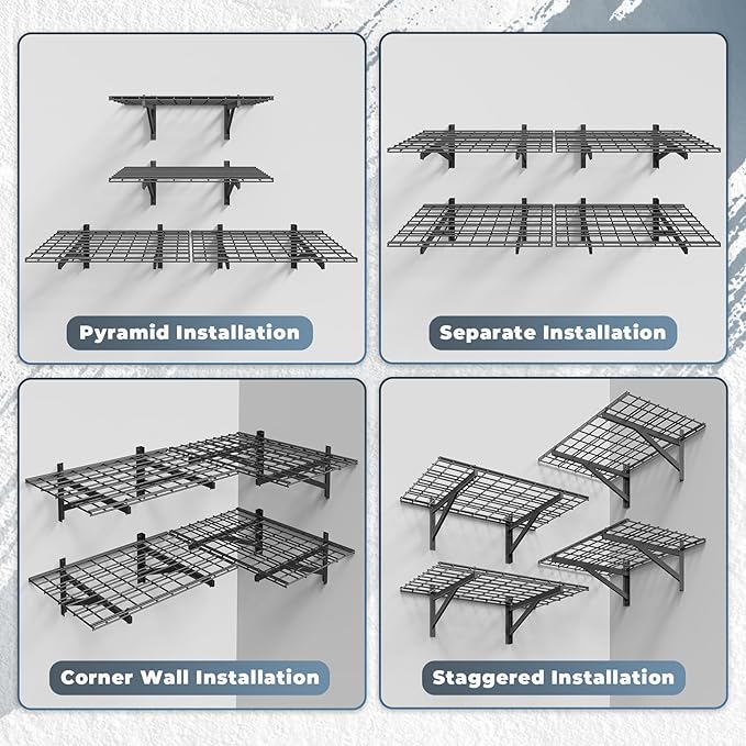 4 Pack Heavy Duty Garage Wall Shelving Set (2x3ft), Wall Mounted Garage Shelves 1000lbs Capacity, 24"x72" Shelf Storage Rack Floating Shelves, Black