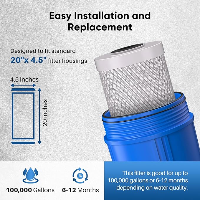 PUREPLUS 5 Micron 20" x 4.5" Whole House Coconut Shell Activated Carbon Water Filter Replacement Cartridge, Compatible with FC25B, EPM-20BB, CB-BB-20, CTO-F20B-5, 155783-43, 2 Pack