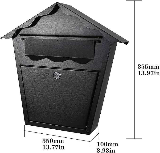Wall Mount Locking Mailbox - Black Horizontal Triangular Security Mailbox - Waterproof Vertical Drop Mail Box Outdoor with Key