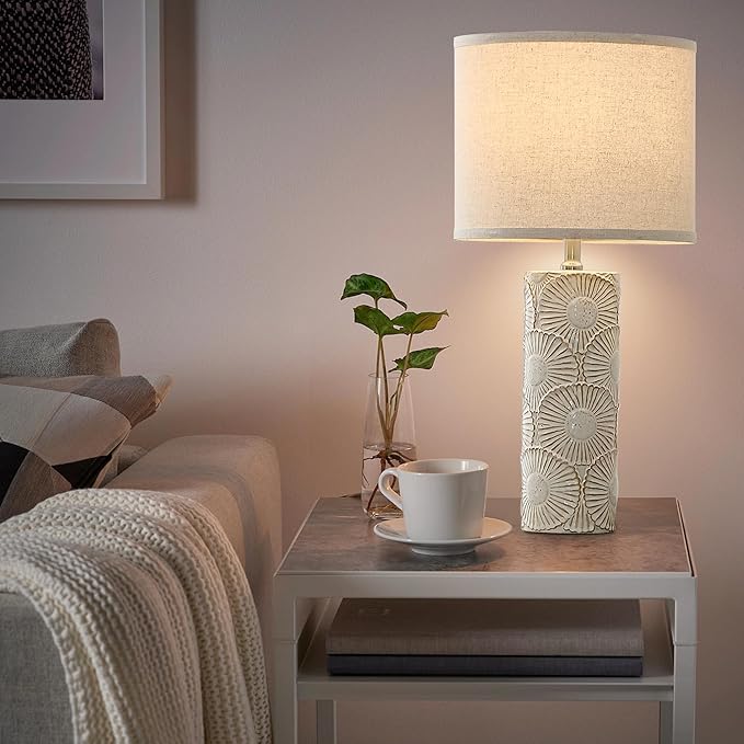 25.25" Tall White Lamps Set of 2 with Floral Design, Farmhouse White Ceramic Lamps Set of 2 for Bedroom, Living Room, Beige Table Lamps for Nightstands, Console Table