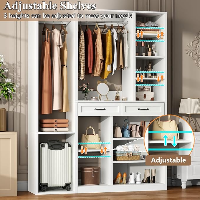 Closet System with 2 Drawers, 55” Wood Closets Organizer and Storage with 2 Hanging Rods, Walk-In Closets System, Clothes Rack with 10 Shelves, White Closet Shelves System Large Wardrobe for Bedroom