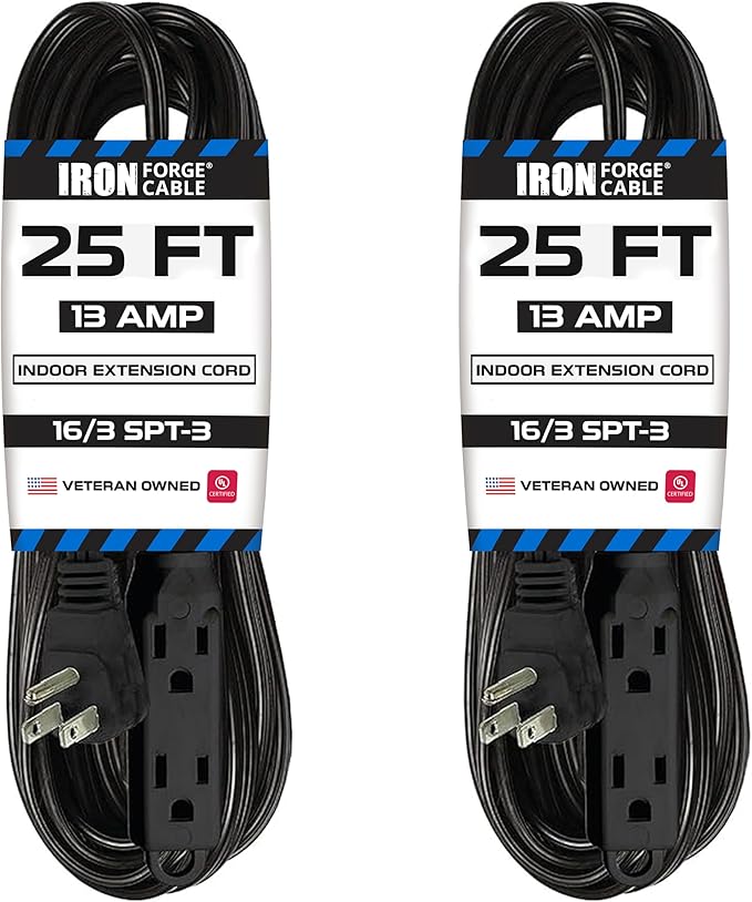 Iron Forge Cable 2 Pack 25 ft Flat Plug Black Extension Cord with 3 Outlets - 16/3 SJTW 3 Prong Indoor Extension Cord with Multiple Outlets