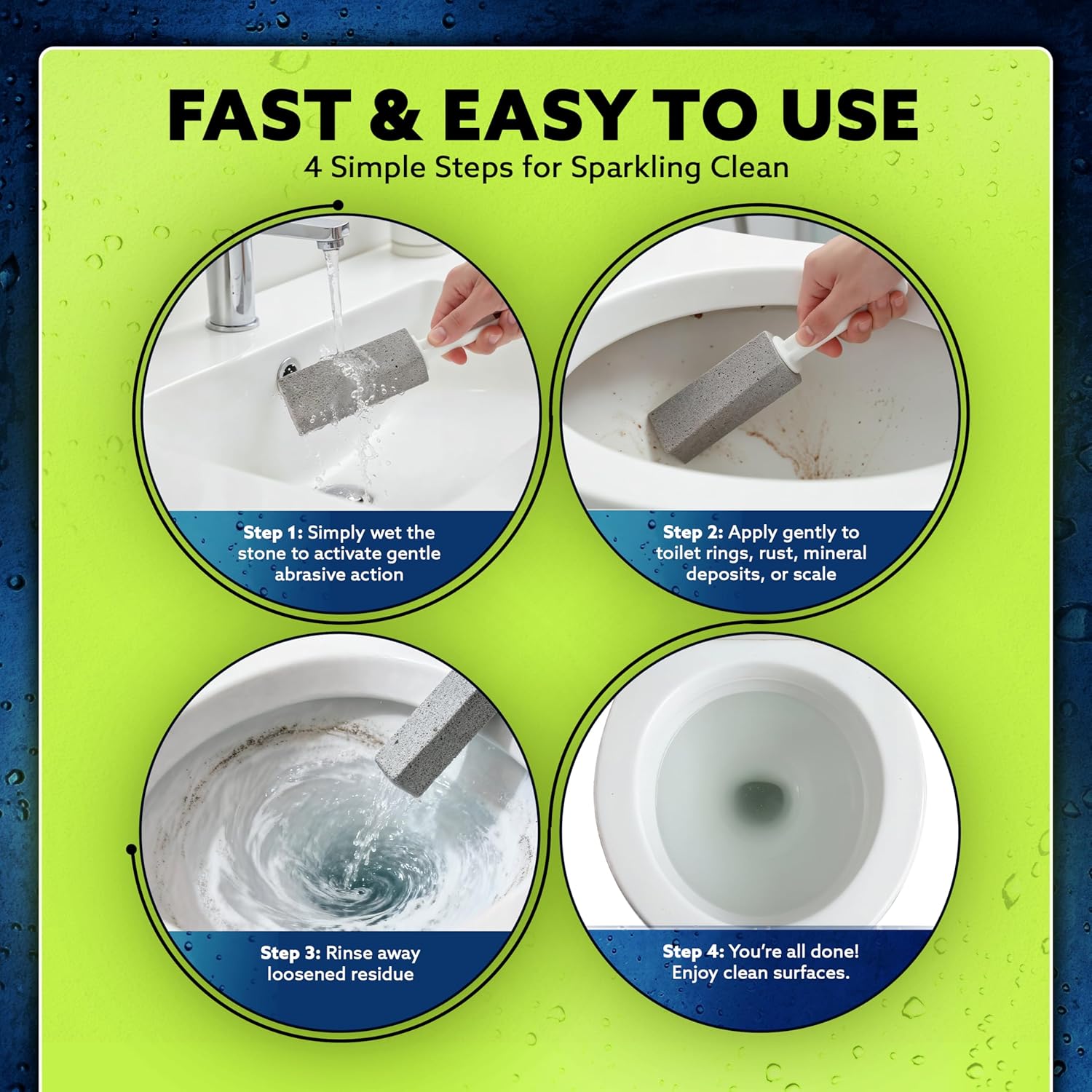 PUMIE Pumice Stone Toilet Bowl Cleaner (6-Pack) - Pumice Stone with Handle - Heavy Duty Toilet Bowl Scrubber for Rings, Bowls, Hard Water Stains, Lime, Rust, Sink - Includes Handle for Easy Use