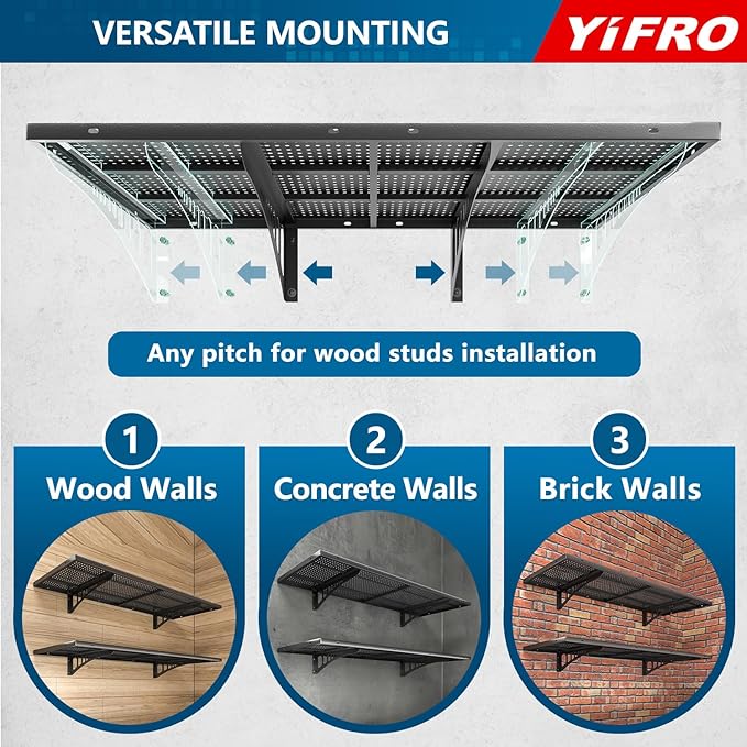 4-Pack 1.5x4ft Heavy Duty Garage Wall Shelving, 1000 lbs Load Capacity, Garage Shelving Wall Mounted, Storage Rack with Hooks, Black