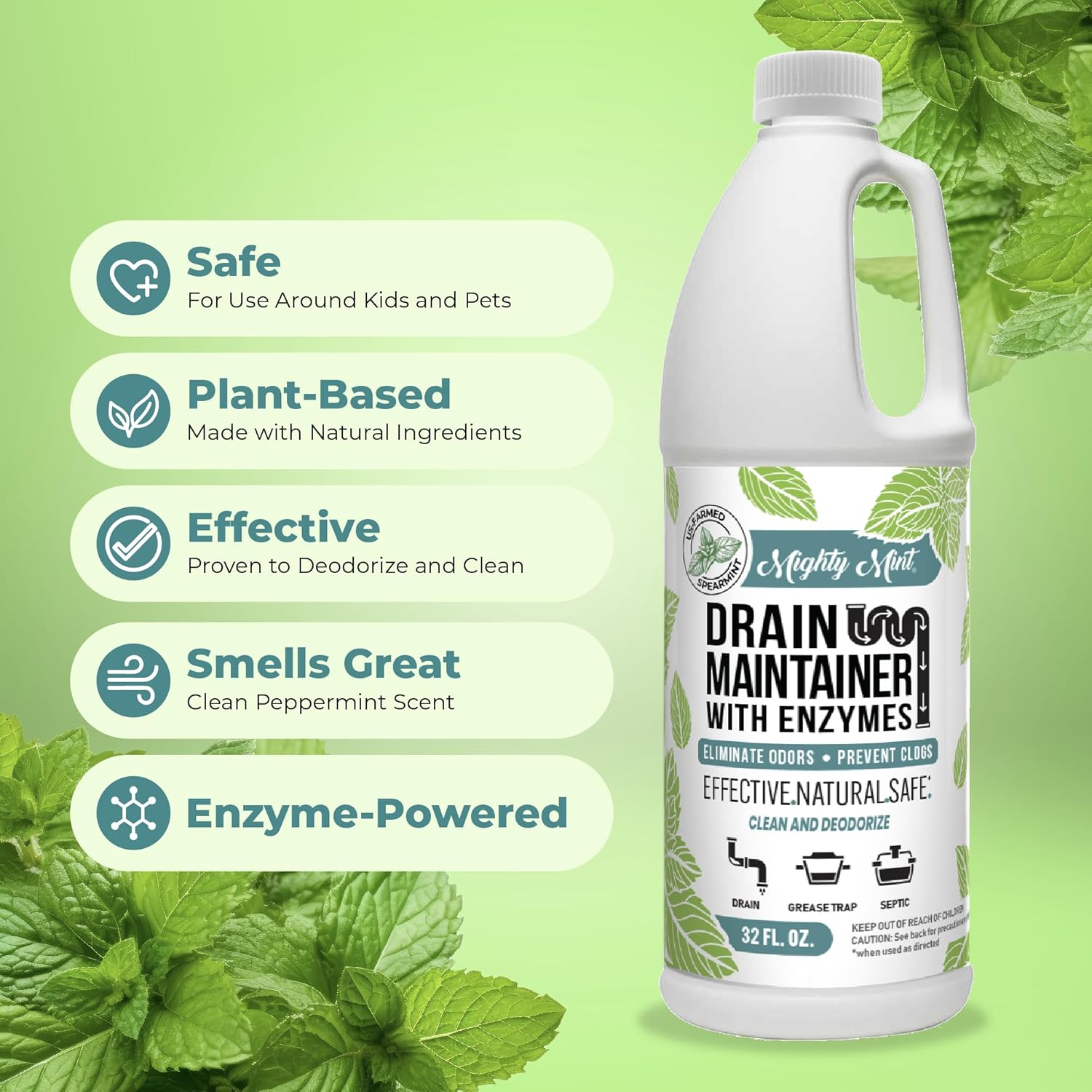 Mighty Mint Drain Maintainer with Enzymes – Drain Cleaner Controls Bad Smells and Prevents Buildup for Drains, Grease Traps, Septic, 32oz