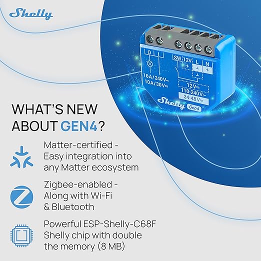 Shelly 1 Gen4 | Wi-Fi, Zigbee & Matter Smart Relay Switch with Dry Contacts, 1-Channel 16A | Home Automation | Alexa, SmartThings, Google Home, Apple HomeKit Compatible | Garage Door Opener (2 Pack)