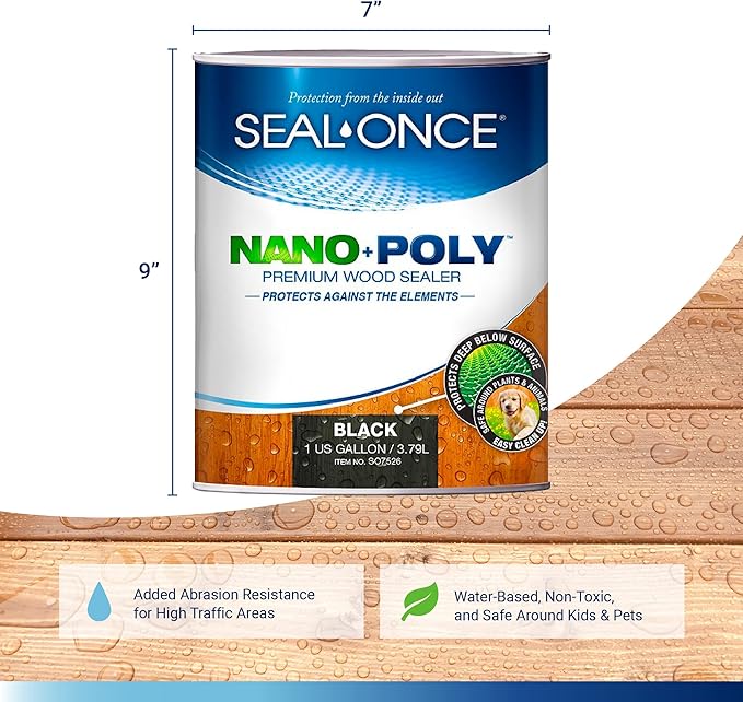 Seal-Once Nano+Poly Penetrating Wood Sealer with Polyurethane - Premium Waterproof Sealant -1 Gallon & Black