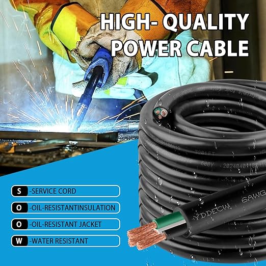 20ft 6/3 6 AWG Portable Power Cable (3 Conductor) - SOOW 600V 6 Gauge Electric Wire for Motor Leads, Portable Lights, Battery Chargers and Machinery - 3 Conductor - 20 Feet Electrical Cord