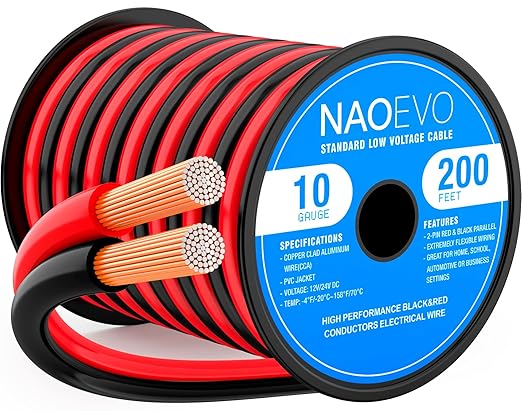 NAOEVO 10 Gauge Wire 200FT, 2 Conductors Electrical Wire Red Black Cable, Flexible/Low Voltage/PVC 10 AWG Copper Clad Aluminum Extension Cord for Speaker, LED Strips, Automotive 12V/24V DC