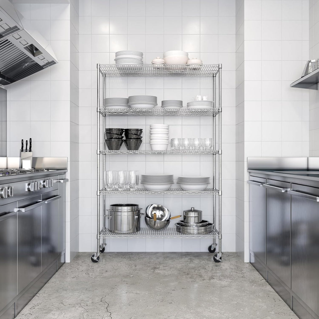 Seville Classics UltraDurable Heavy Duty NSF Solid Steel Wire Rack Storage Unit Organizer for Garage, Warehouse, Office, Restaurant, Classroom, Kitchen, 5-Tier Shelving, 48" W x 18" D