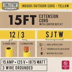 15 Ft Outdoor Extension Cord - 15 Amp 12/3 SJTW Heavy Duty Yellow 12 Gauge Lighted Electrical Cable with 3 Prong Grounded Plug