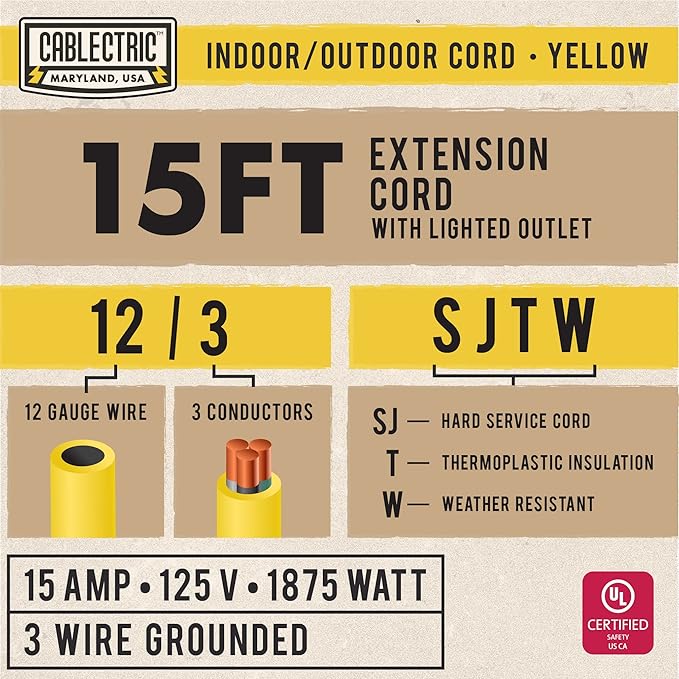 15 Ft Outdoor Extension Cord - 15 Amp 12/3 SJTW Heavy Duty Yellow 12 Gauge Lighted Electrical Cable with 3 Prong Grounded Plug