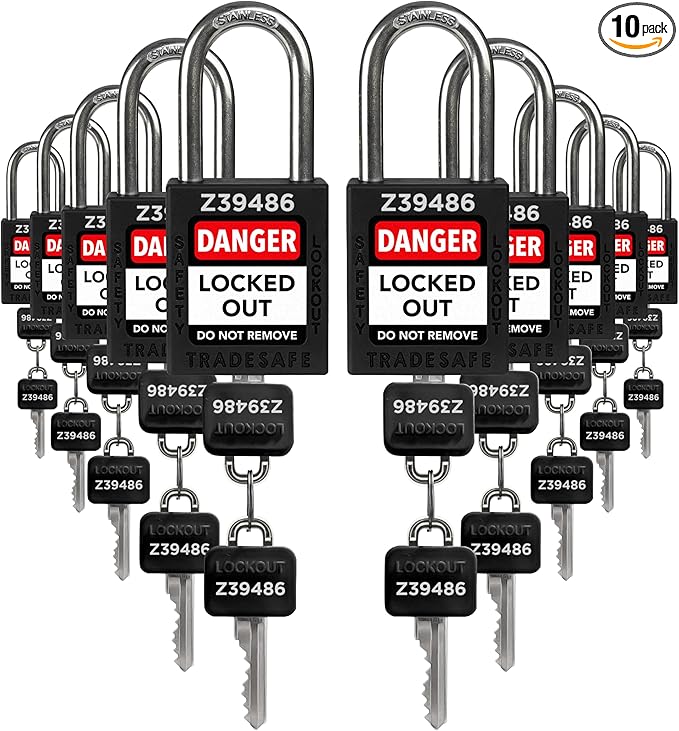 TRADESAFE Lockout Tagout Lock Sets, 10 Black Keyed Alike Safety Padlocks, 2 Keys Per Lock, OSHA Compliant Loto Locks, for Lockout Tag Out Stations - Premium Grade