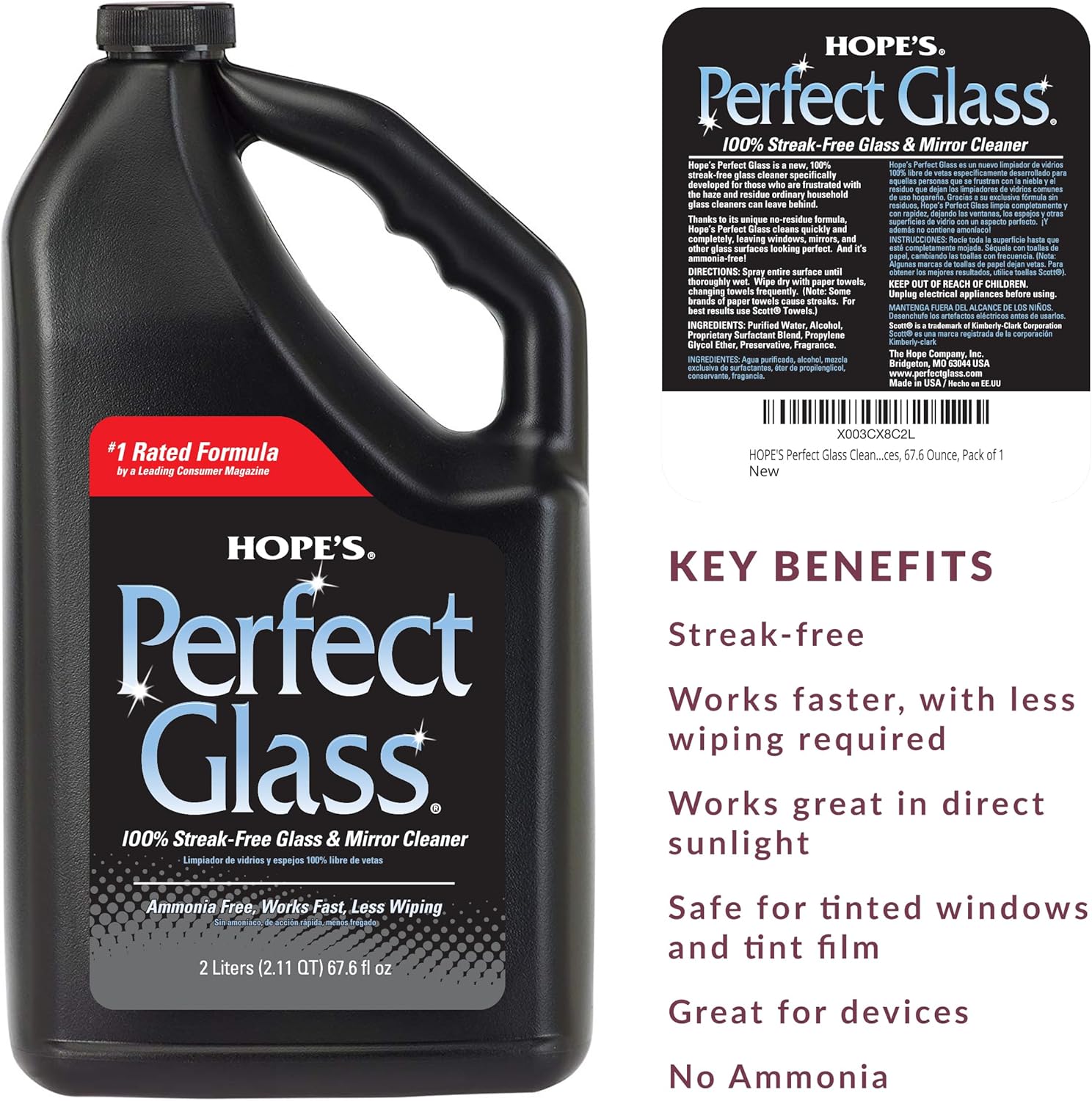 HOPE'S Perfect Glass Cleaner Spray Refill, Streak-Free, Ammonia-Free Window, Mirror, Screen, Tinted Glass, and Shower Door Cleaner, Indoor and Outdoor Glass Surfaces, 67.6 Ounce, Pack of 2