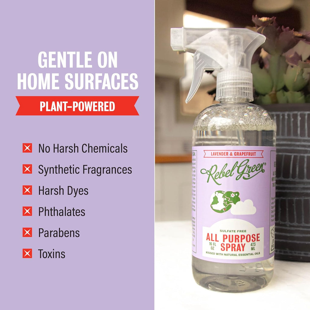 Rebel Green Natural 16 oz All-Purpose Cleaning Spray with 64 oz Refill Bottle - Plant-Based Multi-Surface Cleaner for Kitchen, Bath, Countertops and More - Lavender & Grapefruit Scent