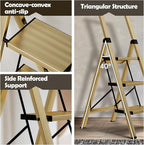 Taranta 3 Step Ladder, Portable Folding Ladder with Wide Pedal, Lightweight Aluminum Step Stool with Convenient Handgrip, 330 lbs Capacity Stepladder for Home, Office - Gold