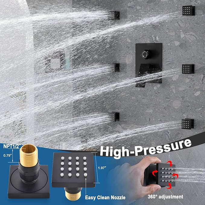 Enga Full Body Shower System with Body Jets, 12 Inch Powerful Rainfall Shower and Handheld Spray, Rough-in Mixer Valve Concealed Shower Faucet Set Complete, Matte Black