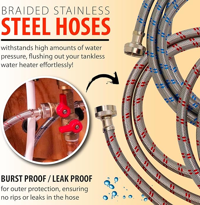 DrainX Tankless Water Heater Flushing Kit with Eco-safe Liquid Descaler Solution, Steel Hoses, 1/6HP Extra Strength Pump