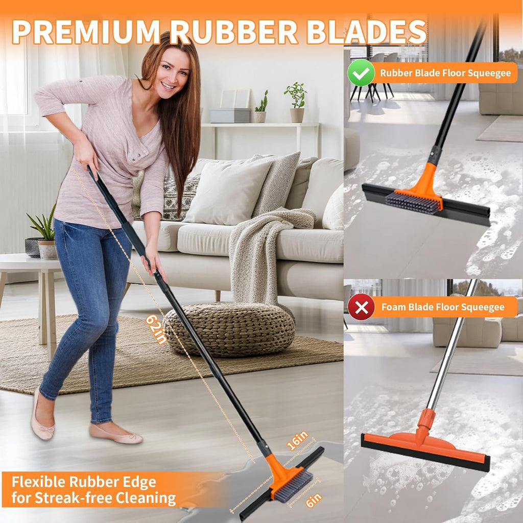 Rubber Floor Squeegee for Concrete Tile Floor, Large Water Squeegee Heavy Duty with Scrub Brush and Long Handle for Cleaning,Squeegee Broom for Window Garage Kitchen Bathroom Deck