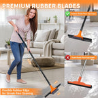 Rubber Floor Squeegee for Concrete Tile Floor, Large Water Squeegee Heavy Duty with Scrub Brush and Long Handle for Cleaning,Squeegee Broom for Window Garage Kitchen Bathroom Deck