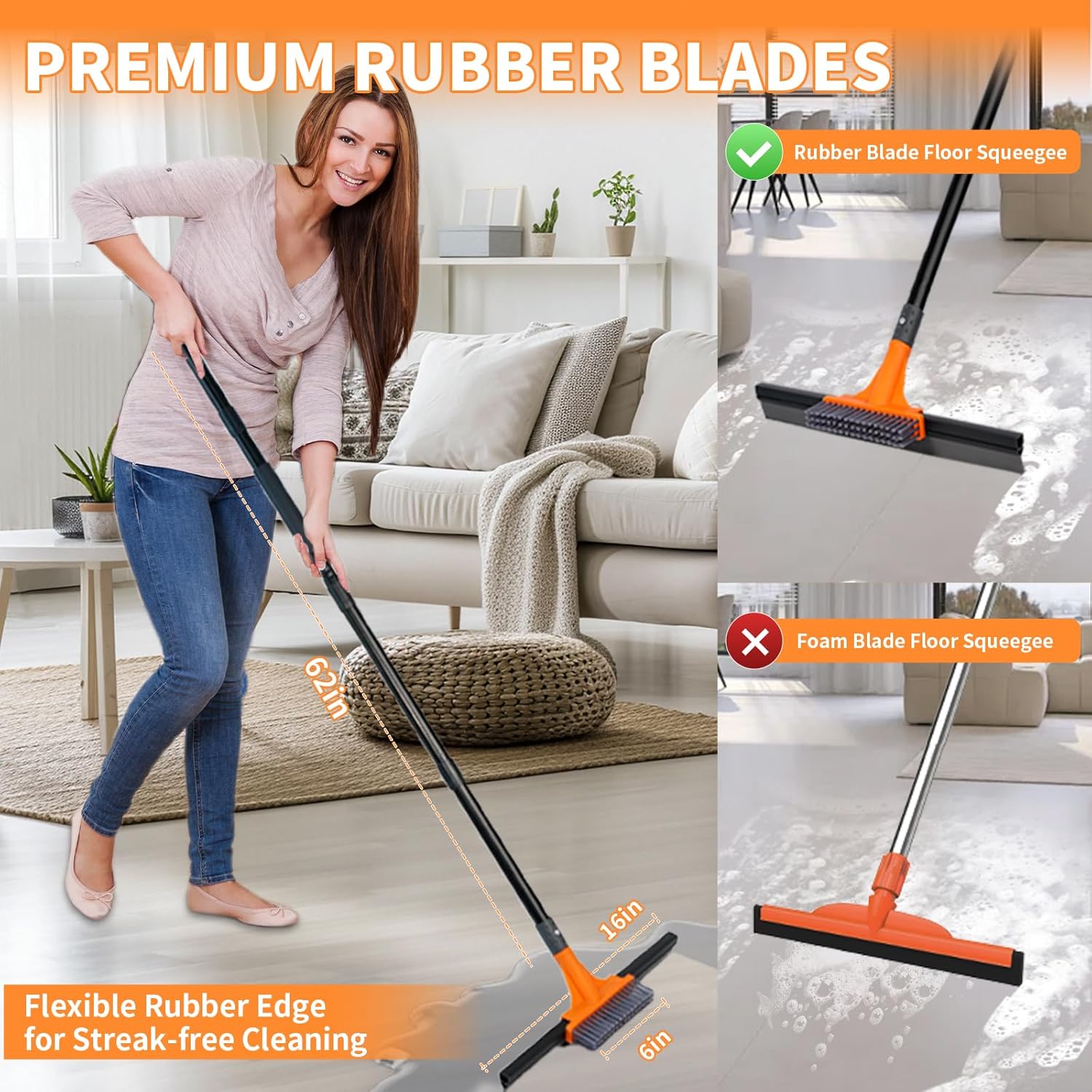 Rubber Floor Squeegee for Concrete Tile Floor, Large Water Squeegee Heavy Duty with Scrub Brush and Long Handle for Cleaning,Squeegee Broom for Window Garage Kitchen Bathroom Deck