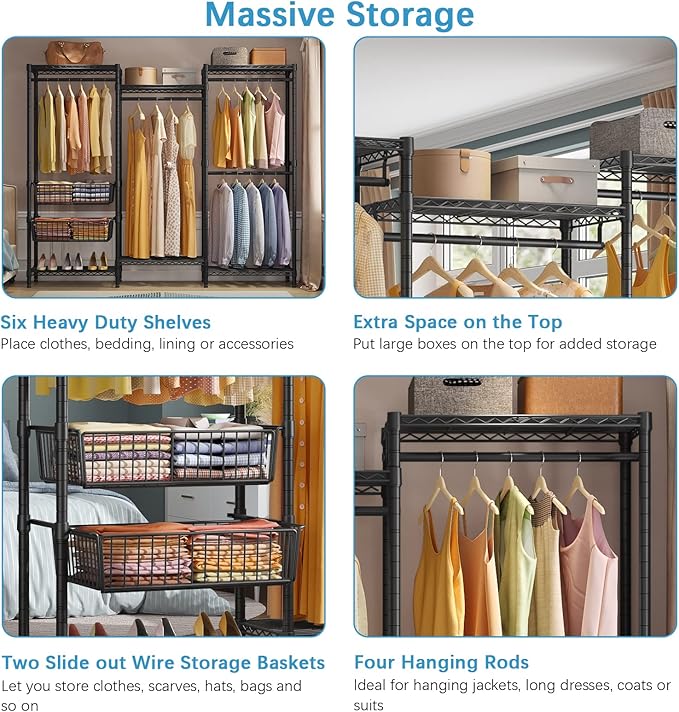 VIPEK V10 Medium Wire Garment Rack Heavy Duty Clothes Rack, Freestanding Closet Wardrobe Metal Clothing Rack with 2 Slid Baskets, 56.7" L x 15.7" W x 76.4" H, Max Load 720lbs, Black