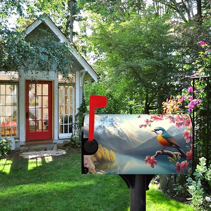 Spring Flowers Bird Mailbox Cover Magnetic Standard Size 21x18 Inch Spring Mountain Lake Mailbox Covers Floral Rustic Seasonal Mailbox Wraps Post Letter Box Decor for Garden Yard