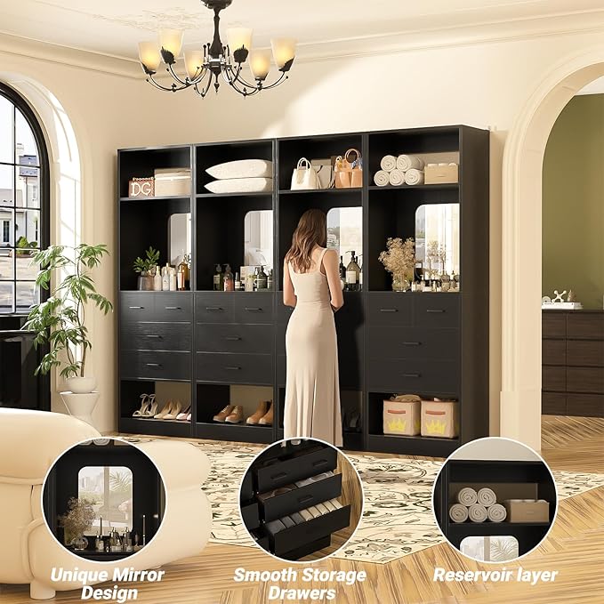 Unikito 50 Inch Closet System with Drawers, 4FT Sturdy Closets Organizer with Storage Shelves and Mirror Design, Freestanding Wood Walk in Closet Towers, Easy Assembly, Max Load 1000 LBS, Black
